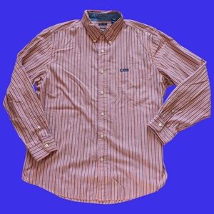 VGUC Chaps Men's Orange Blue Striped Button Down Shirt Easy Care Size XL